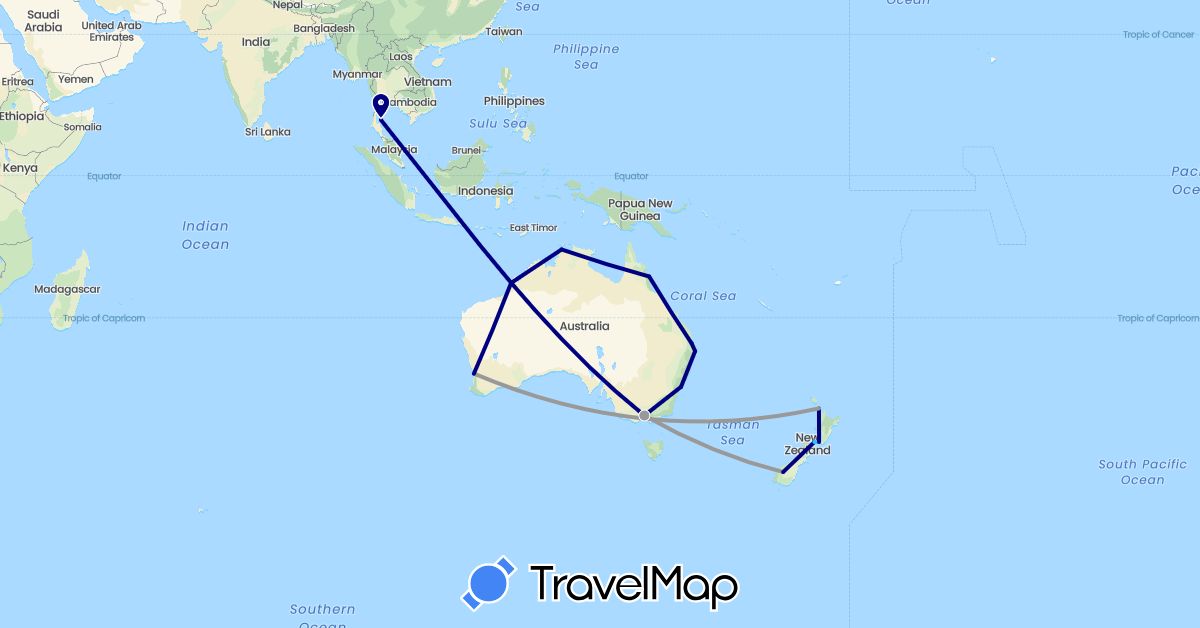 TravelMap itinerary: driving, plane, boat in Australia, New Zealand, Thailand (Asia, Oceania)