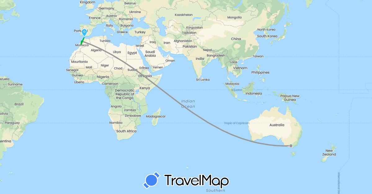 TravelMap itinerary: driving, bus, plane, boat in Australia, Spain, Morocco (Africa, Europe, Oceania)